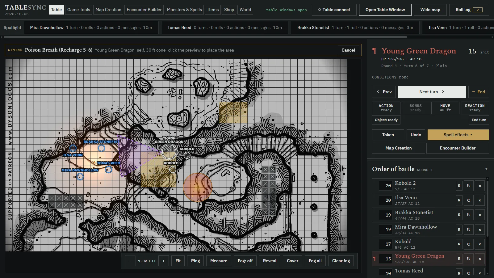 A dragon's breath cone on the DM screen, starting at the edge of the
                dragon's token and pointing at the party.
