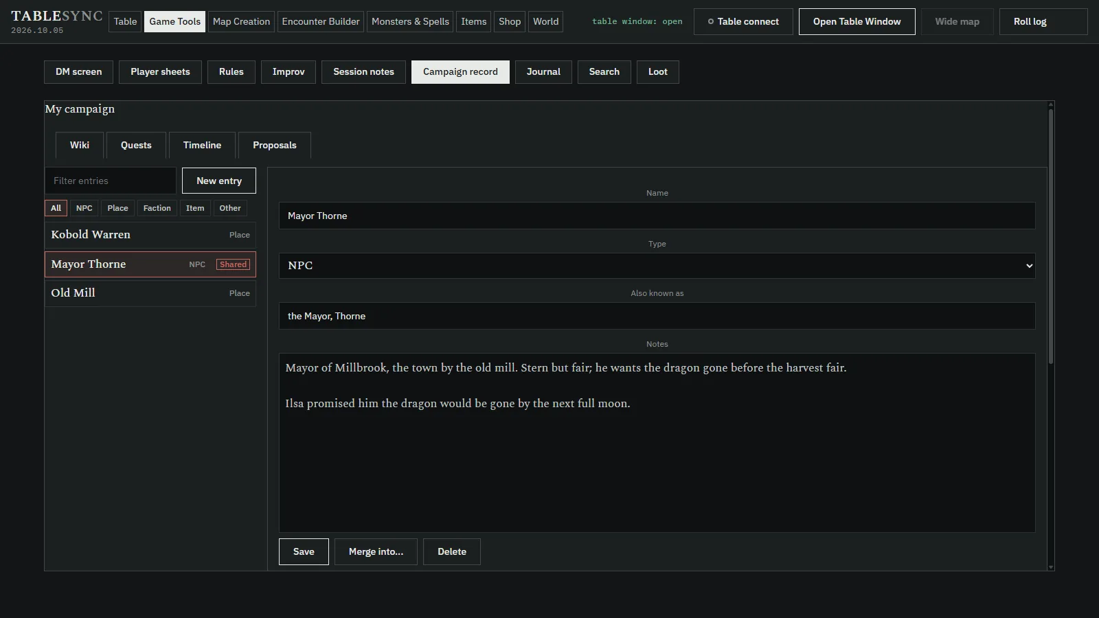 The campaign record: a wiki entry for an NPC with its aliases and notes,
                beside the campaign's entries, one marked Shared with the players.