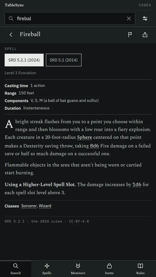 The Fireball spell card on the SRD 5.2.1 (2024) printing with a switch to SRD 5.1 (2014): level 3 evocation, casting time, range, components and duration, the text with Sphere linked and 8d6 and 1d6 tappable, and the classes.