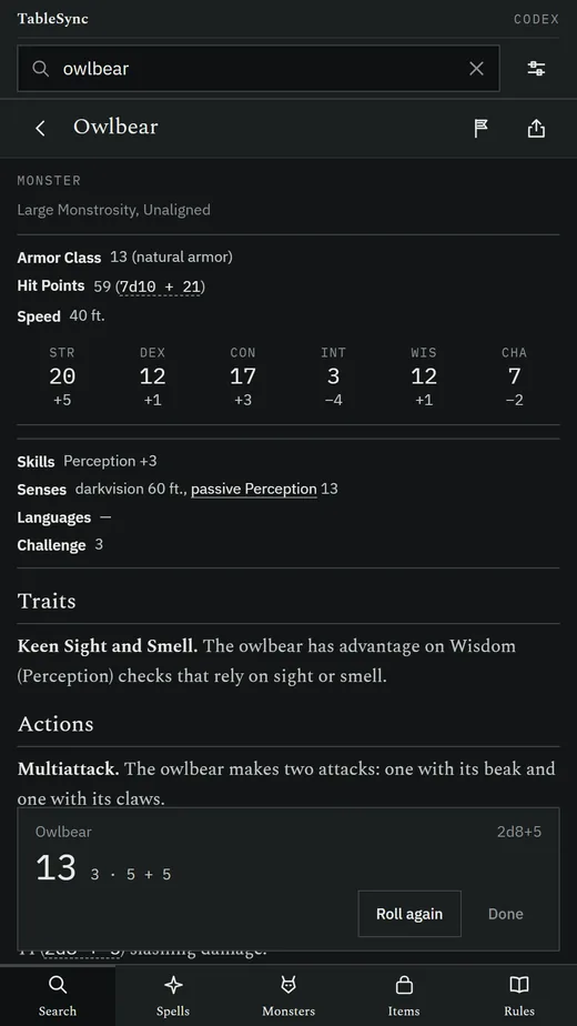 The Owlbear's stat block: AC 13, 59 hit points, ability scores, senses and challenge 3, traits and actions, with a roll card showing 13 from 2d8+5.