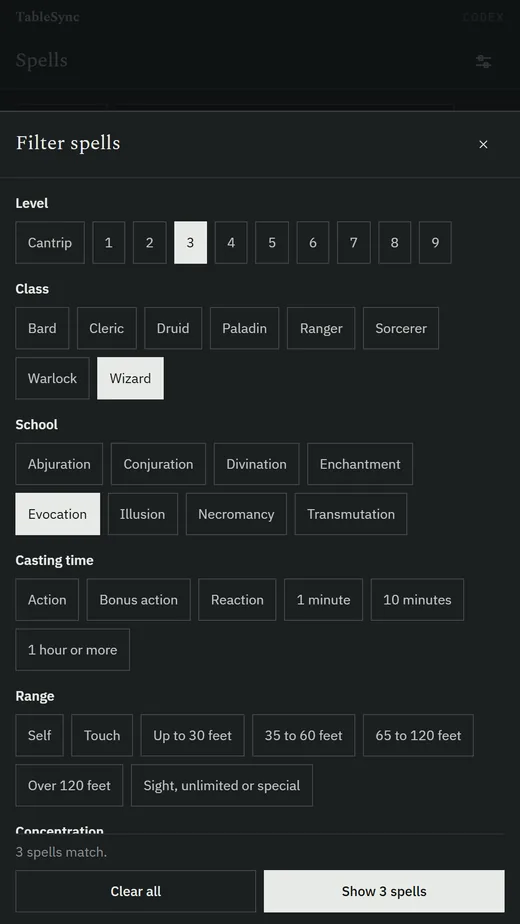 The spell filters: level 3, Wizard and Evocation chosen, with casting time and range below, and 3 spells matching.