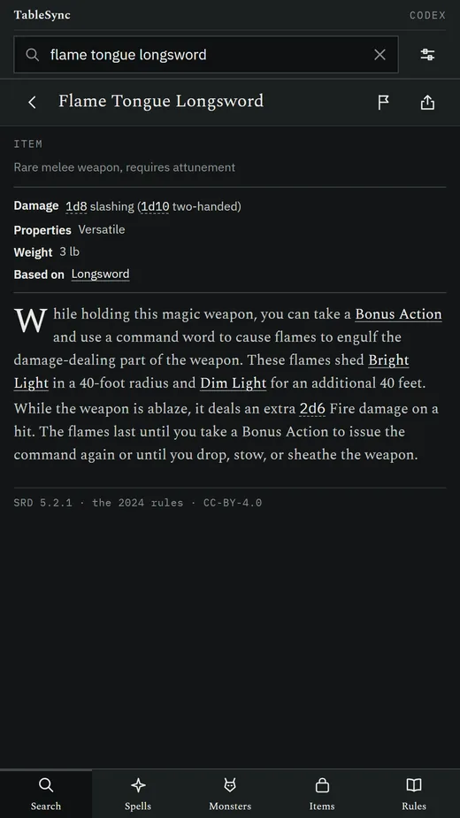 The Flame Tongue Longsword item card: rare melee weapon requiring attunement, damage, properties, weight, based on Longsword, and its text with Bonus Action, Bright Light and Dim Light linked.