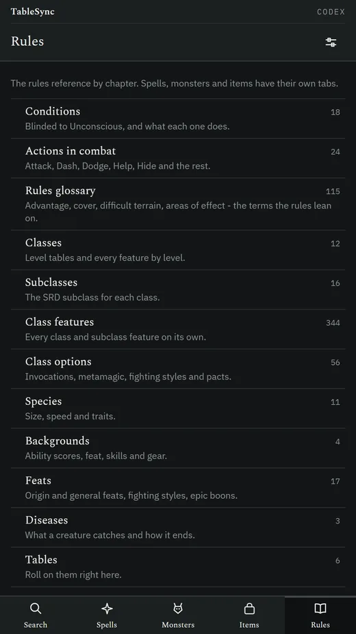 The Rules tab by chapter: conditions, actions in combat, the rules glossary, classes, subclasses, class features and options, species, backgrounds, feats, diseases and tables, each with its count.
