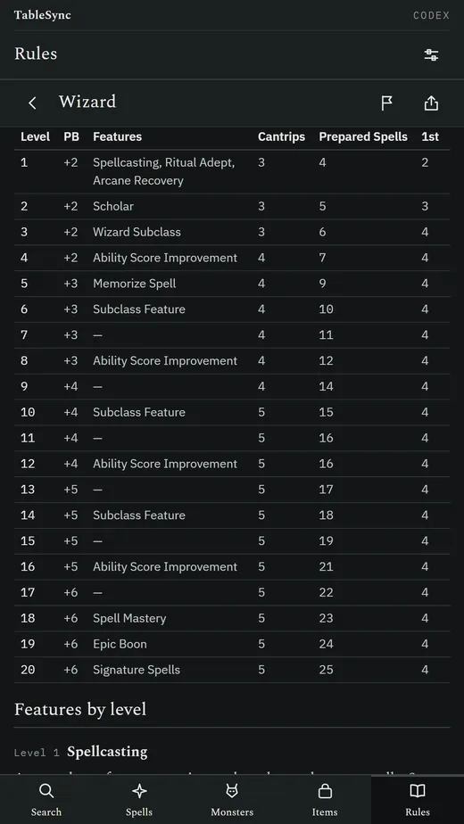 The Wizard's level table from 1 to 20: proficiency bonus, features, cantrips, prepared spells and spell slots, above the features by level.