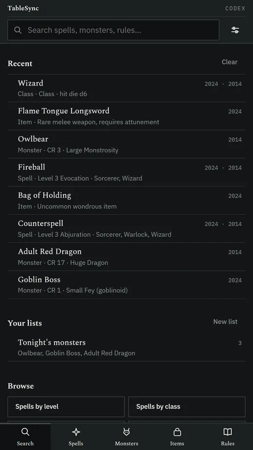 The Search tab's home: recent records such as Wizard, Flame Tongue Longsword, Owlbear and Fireball, a list called Tonight's monsters holding three, and Browse buttons.