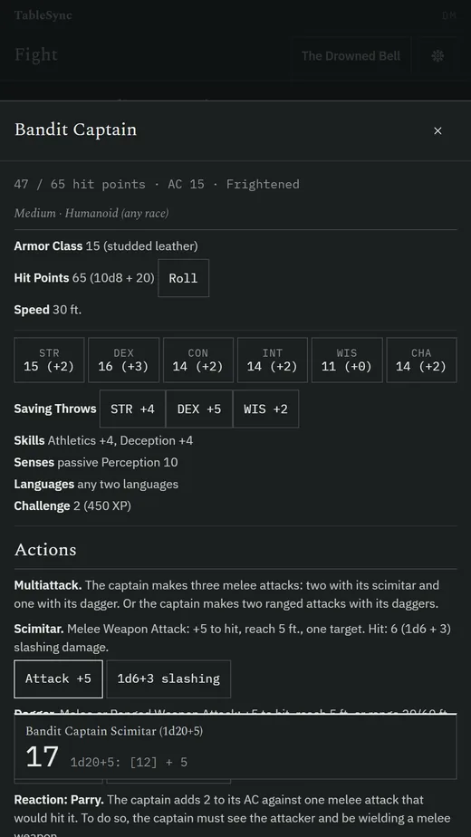 The Bandit Captain's SRD stat block opened from its row: 47 of 65 hit points, AC 15, Frightened, ability scores, saving throw buttons, and the Scimitar's Attack +5 and 1d6+3 slashing buttons, with a roll card showing 17.
