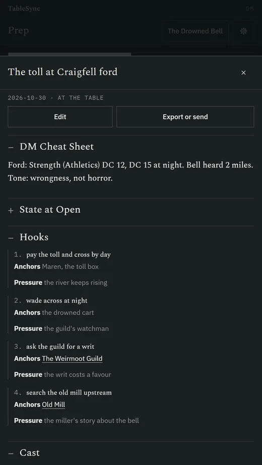 A session, The toll at Craigfell ford, open at the table: the DM Cheat Sheet with the ford's DCs and the tone, State at Open folded, and four hooks, each with its anchors and its pressure.