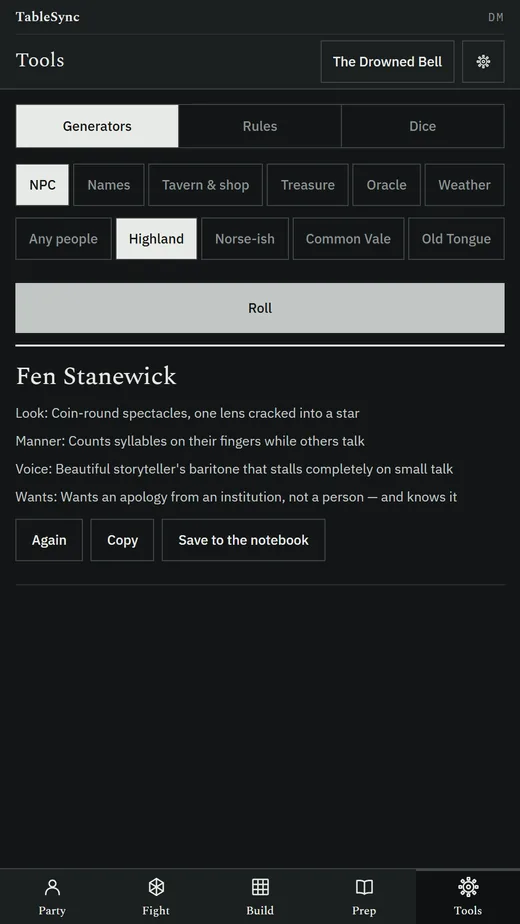 The Tools tab's NPC generator set to Highland names: Fen Stanewick, with a look, a manner, a voice and a want, and Again, Copy and Save to the notebook buttons.