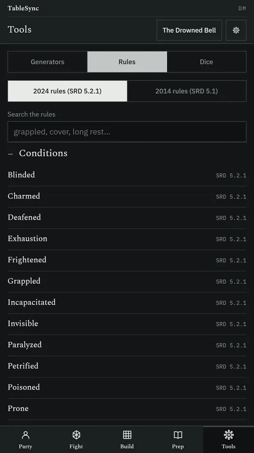 The rules quick reference on the 2024 rules (SRD 5.2.1), with a 2014 switch, a search box and the conditions from Blinded to Prone, each labelled with its source.
