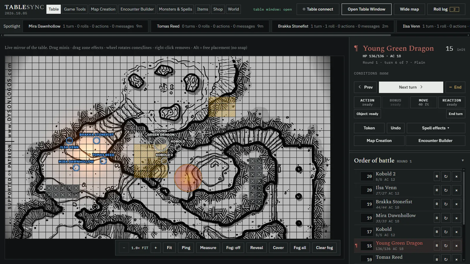 The DM screen's Table tab in a fight: a live mirror of the battle map
                on the left; on the right, whose turn it is with its conditions and
                Action, Bonus, Move and Reaction, and the order of battle with each
                creature's hit points and armour class.