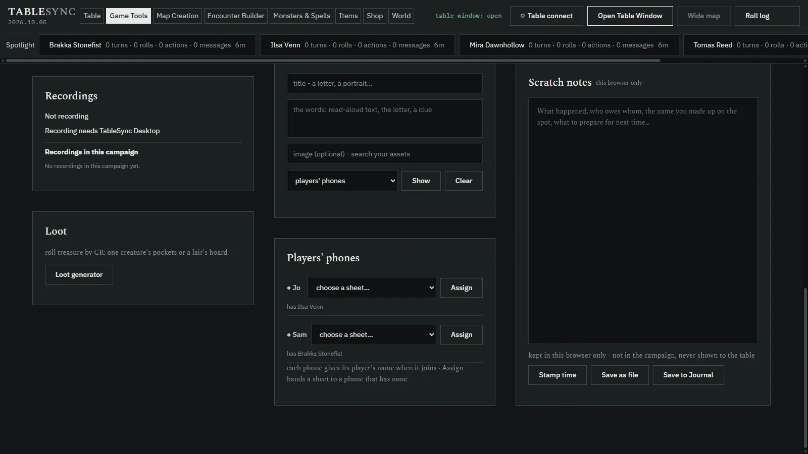 The Game Tools tab: the players' phones listed by player name, the
                character sheets each phone holds, and an Assign control.