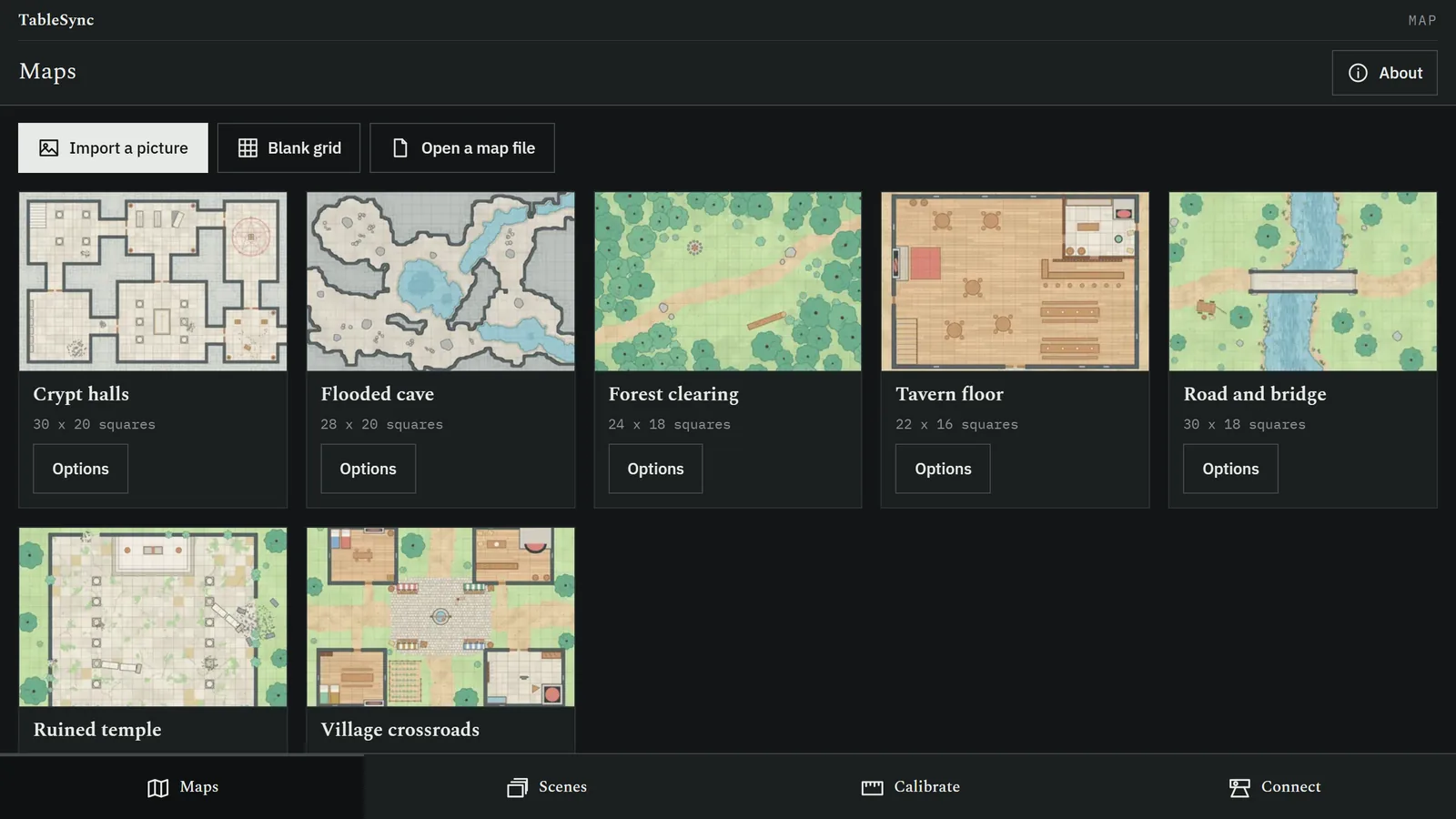 The map library: Import a picture, Blank grid and Open a map file, and the seven bundled maps with their sizes in squares - Crypt halls, Flooded cave, Forest clearing, Tavern floor, Road and bridge, Ruined temple and Village crossroads.