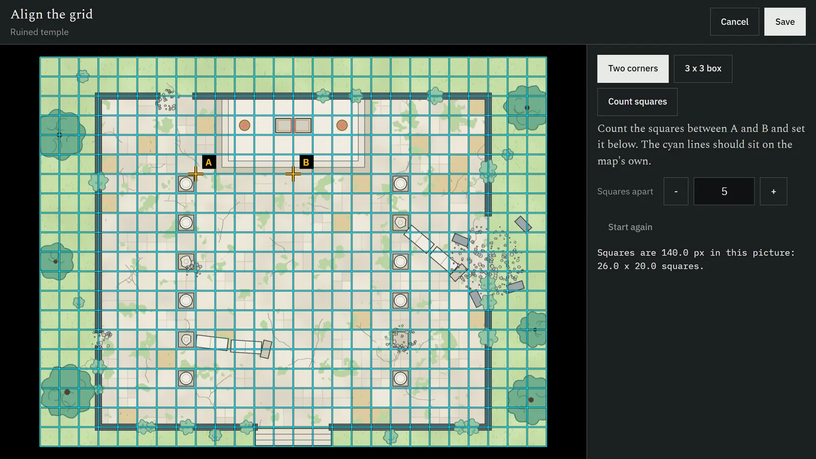 Aligning the ruined temple map's own grid: points A and B five squares apart, a cyan grid over the map's drawn squares, and the result, 140.0 px squares, 26 by 20 squares.