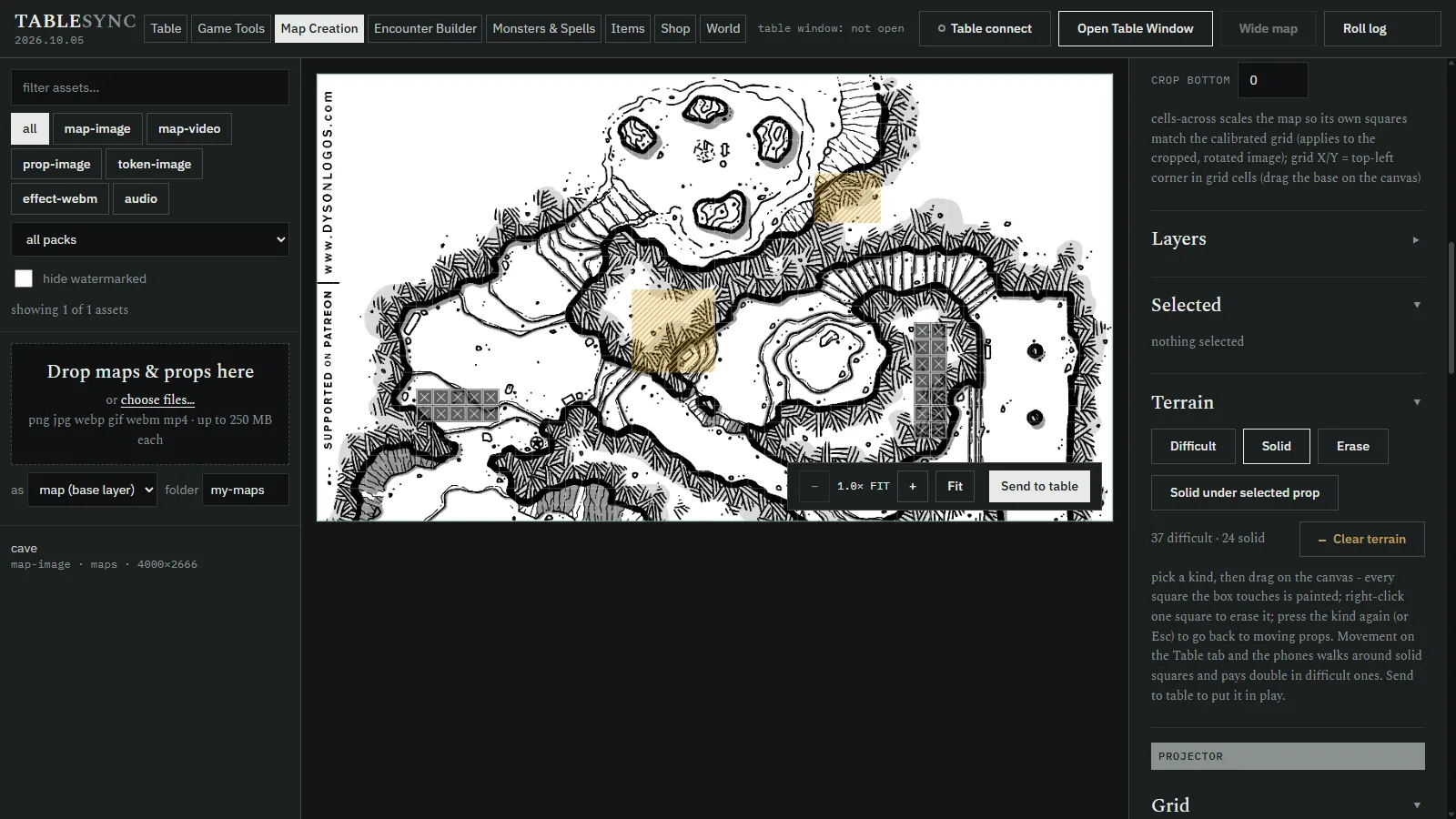 The Map Creation tab: a battle map with squares painted as difficult
                terrain and as solid obstacles, and the terrain tools beside it.