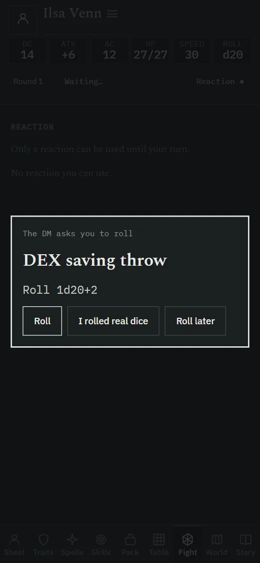 A roll request on a player's phone: the DM asks for a Dexterity saving
                  throw, with Roll, I rolled real dice and Roll later.