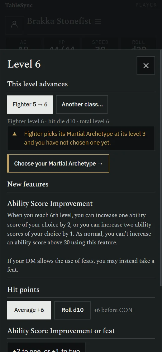 Levelling up on a phone: the new level's features, hit points, and the
                  choices the level brings, asked before Confirm.