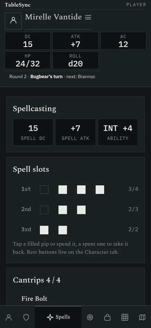 The spells tab: spell save DC 15, spell attack +7, and spell slot pips
              for first, second and third level.