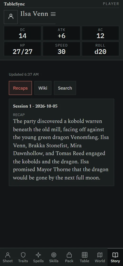 The player app's Story tab: the recap of the last session the DM shared,
                  with the campaign's wiki and a search beside it.