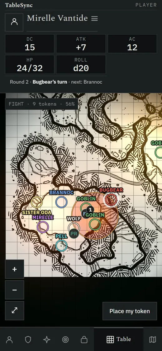 The table tab: the DM's battle map with the party and goblin tokens, a
              fire zone, zoom buttons and a Place my token button.