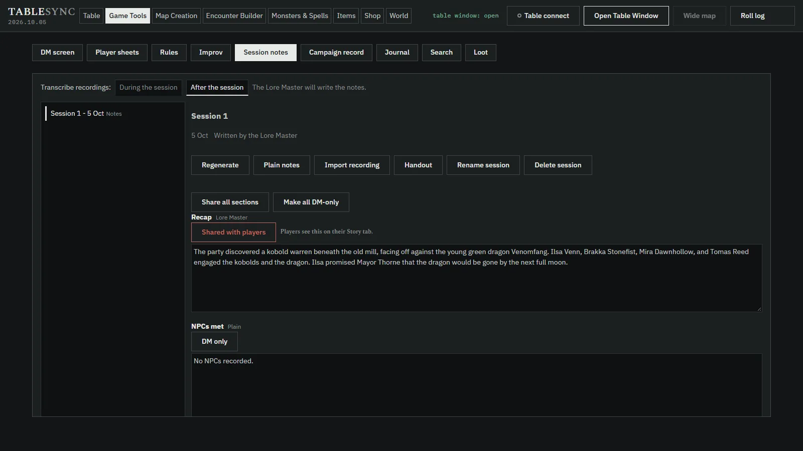 Session notes on the Game Tools tab: the recap the Lore Master drafted from
                the session, shared with the players, and the NPCs met section kept for the DM.