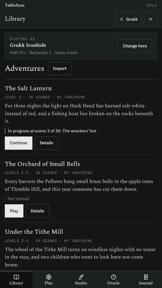 The Library: playing as Grukk Ironhide, and the three adventures with their levels, scene counts and hooks - The Salt Lantern in progress at scene 3 of 36, The Orchard of Small Bells not started, and Under the Tithe Mill.