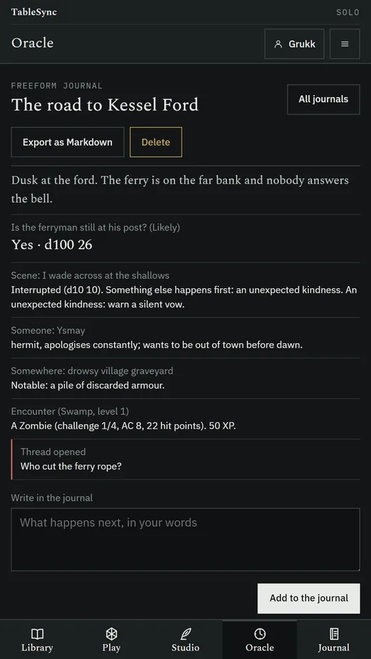 An oracle journal, The road to Kessel Ford: a yes-or-no question answered Yes on a d100 of 26, an interrupted scene, a person, a place, a level 1 swamp encounter and an opened thread, with a box for your own words.